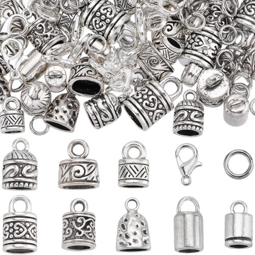 1 SUNNYCLUE 1 Box 230Pcs Cord End Caps Tibetan Antique Silver Leather Kumihimo Bracelets Supplies Glue in Crimp Tube Barrel End Tip Lobster Clasps Jump Rings Cord Terminator for Jewelry Making Kit