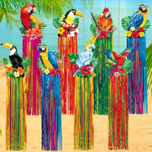 1 8 Pcs Tropical Birds Party Decoration Hawaiian Luau Tiki Jungle Theme Hanging Outdoor Decor with Tassels for Birthday Party Supplies 3.3 ft Summer Bird Toucan Leaf Garland Door Banner Sign