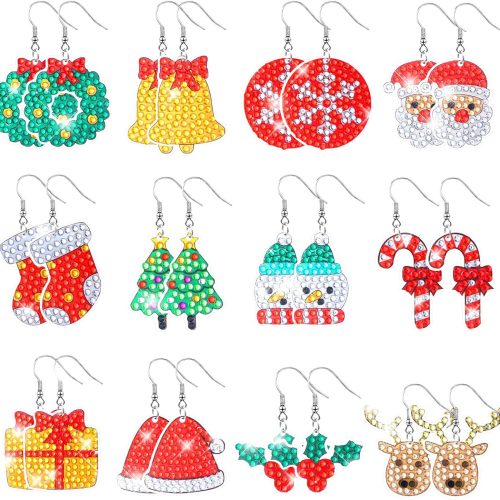 1 12 Pairs Christmas Diamond Art Earrings Making Kit 5d DIY Dangle Drop Diamond Art Painting Earrings Ornament Christmas Tree Santa Snowflake Snowman Jewelry Making for Adults Women Tool Kit