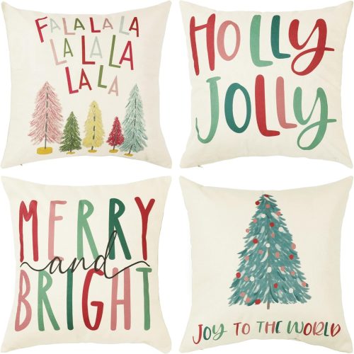1 Merry Bright Christmas Pillow Covers Colorful Holiday Holly Jolly Set of 4 Winter Decorative Throw Pillow Covers Cushion Case for Home Sofa Bed Chair (16" L x 16" W)