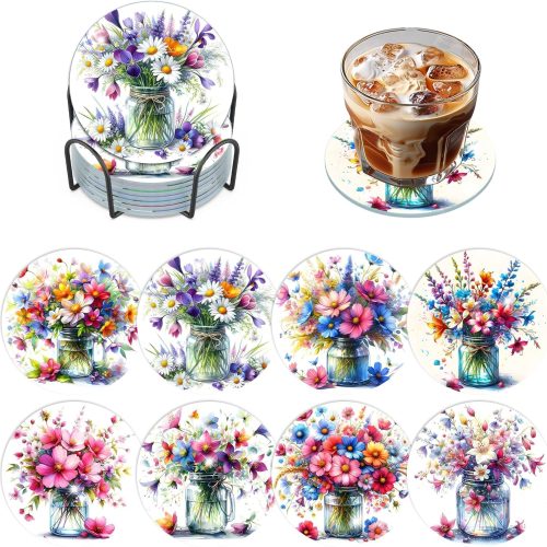 8 Pcs Diamond Painting Coasters Kits with Holder, Colorful Flowers Diamond Art Coasters for Adults Beginners 5D DIY Diamond Coasters, Diamond Art Painting Kits Craft Supplies