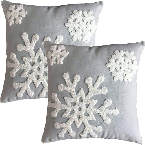 Soft Square Christmas Snowflake Home Decorative Canvas Cotton Embroidery Throw Pillow Covers 18x18 Cushion Covers Pillowcases for Sofa Bed Chair (1 Pair, Grey)