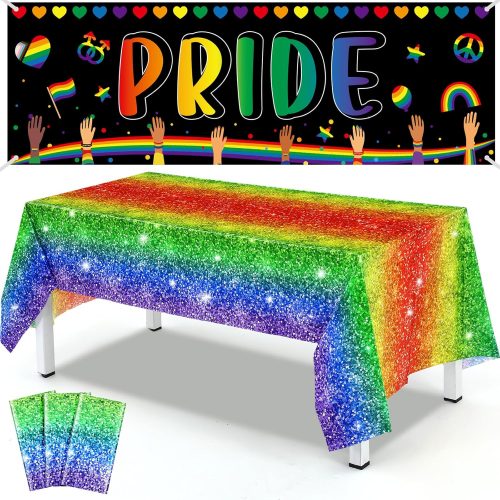 4 Pcs Sweetest Day Decorations Pride Tablecloth and Backdrop Set 3 Pcs 54 x 108 Inch Rainbow Tablecloth Table Covers 71 x 24 Inch Pride Backdrop Banner for Sweetest Day Party Supplies