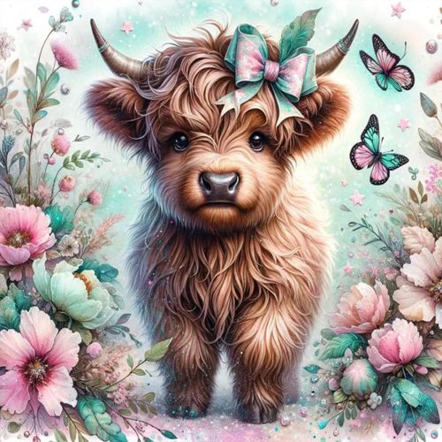 Diamond Art Kits for Adults Highland Cow, 5D Highland Cow Diamond Painting Kits for Adults Beginners, DIY Flowers Full Round Dots Drill Gem Art Kit for Gift Home Wall Decor 14 x 14 Inch