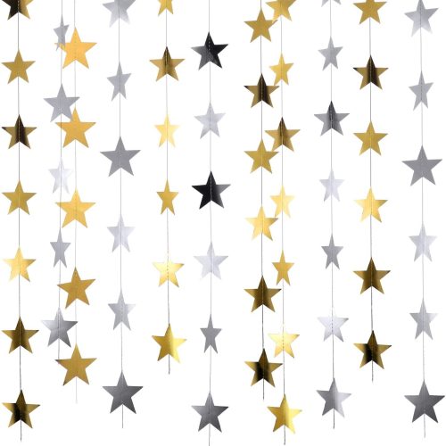 Patelai 130 Feet Glitter Star Garland Banner Decoration Hanging Star Decoration Gold Black Party Decorations for 2025 Christmas New Year Festival Wedding Birthday Party Decor (Gold and Silver)