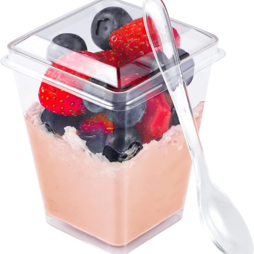 EASERCY 50 Pack 5 oz Plastic Dessert Cups with Lids, Yogurt Parfait/Appetizer Cup with Lids for Party, Mini Dessert Cups with Spoons Dessert Shooter Cups for Pudding, Fruit and Ice Cream