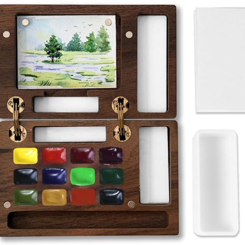 MEI COLOUR Portable Mini Watercolor Paint Set for Adult Artists, Wooden Pocket 12 Color Travel Watercolors Painting Kit Contains Pen Paper Sponge Wash Bucket