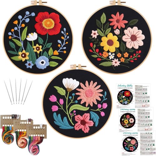 Louise Maelys 3 Sets Flowers Embroidery Kits for Beginners,Cross Stitch Kit for Adults,Crewel Starters Needlepoint with Floral Pattern,Hoop,Threads and Instruction