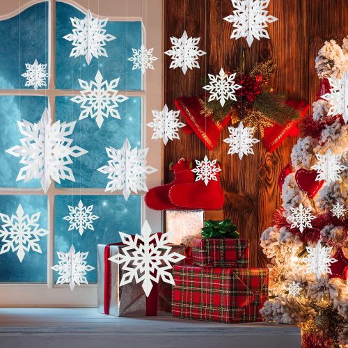 1 24pc 3D Christmas Hanging Decorations - 3 Size Snowflakes for Winter Wonderland, Frozen Christmas, Birthday Parties, Baby Showers - White