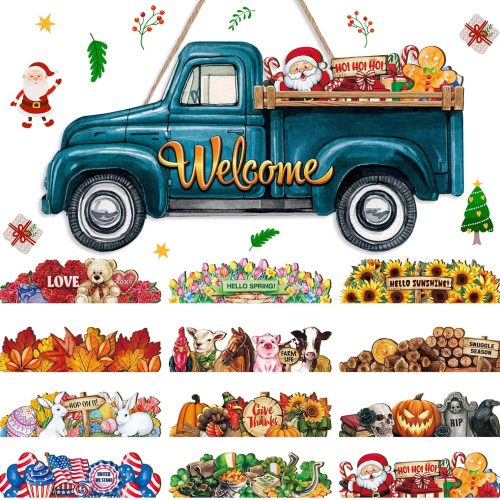 Ferraycle Interchangeable Welcome Sign Christmas Truck Decor Seasonal Door Signs with 12 Holiday Icons Rustic Farmhouse Interchangeable Holiday Decor for Christmas All Seasons(Blue)