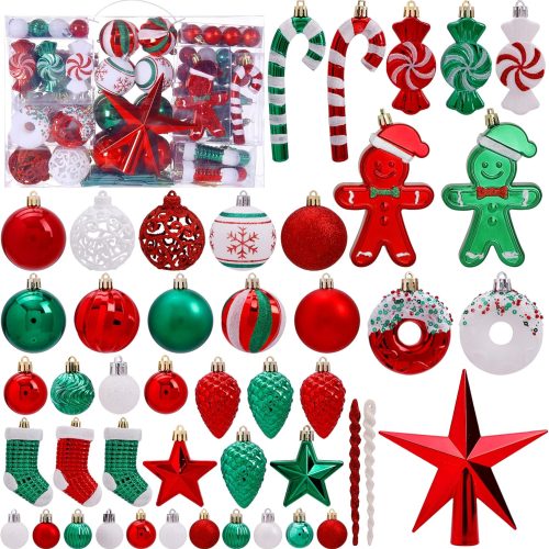 125 Pcs Christmas Tree Ornaments Set, Red Green White Shatterproof Christmas Decorations with Star Toppers Assorted Decorative Hanging Balls for Xmas Tree Home Holiday Party