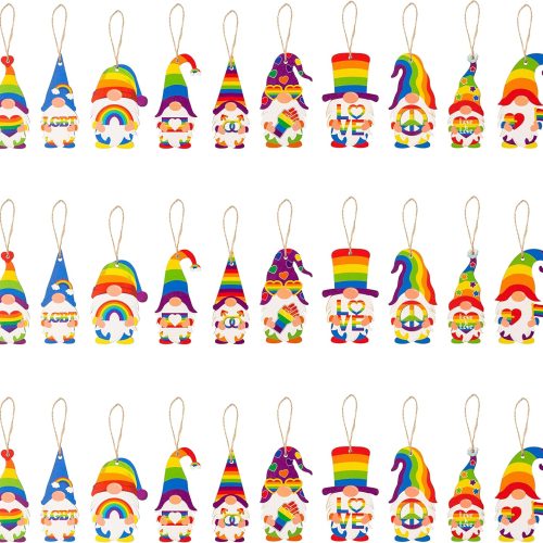 Haooryx LGBT Gay Pride Wooden Gnome Ornaments - 31Pcs Wood Rainbow Gnome Elf Pendants with Ropes Love is Love LGBTQ Gay Couple Hanging Tags for Home Lesbian Pride Party Decorations Supplies