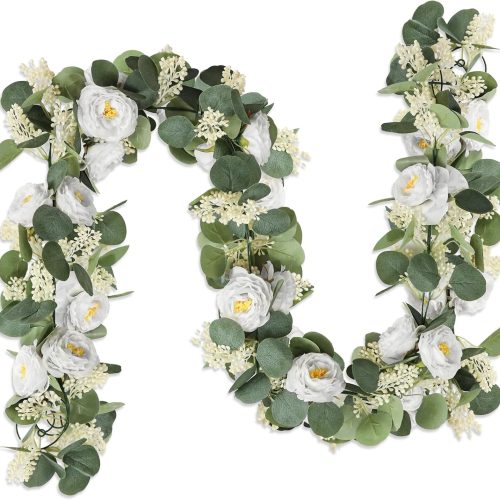 MAKHOT 2Pack White 6.6Ft Artificial Eucalyptus Garland with Flowers, Fake Rose Gypsophila Vine Rose Garlands Decor, Floral Flower Greenery Garland for Wedding Home Table Decor (White)