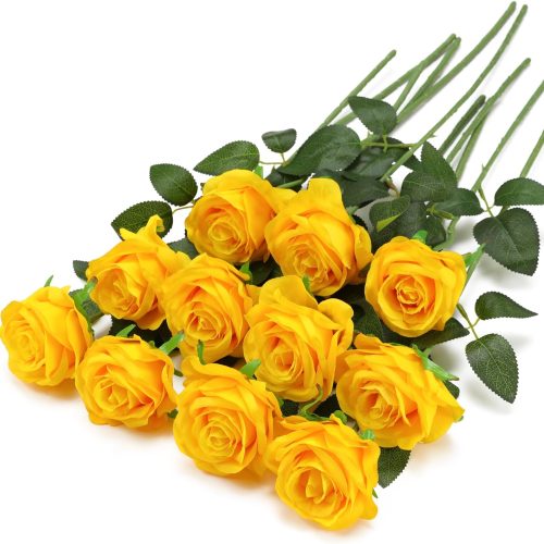 Yellow Fake Roses Artificial Flowers - 10 Pcs Fake Artificial Roses Silk Flowers with Stems for Home Wedding Hotel Office Centerpiece Decor