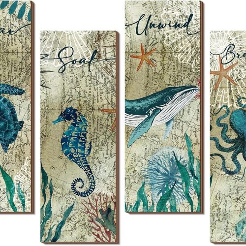 1 Qunclay 4 Pieces Beach Bathroom Decor Wall Sign Ocean Decor Sea Turtle Wall Art Nautical Bathroom Pictures Coastal Octopus Wood Sign Bedroom Art Teal Accessories Kitchen Home Decorations