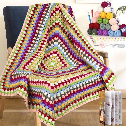 1 Katech Crochet Kit for Beginners,Beginner Crochet Kits for Adults Kids-Learn to Crochet Granny Squares Blanket Kit w/Easy to Follow Instructions Enough Yarn for Crocheting-Knitting Kit for Beginners