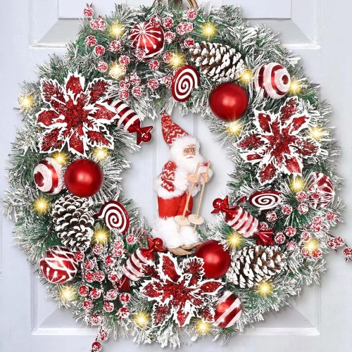 1 Christmas Wreaths for Front Door, 18" Christmas Wreath with Skiing Santa Claus, Red Poinsettias Christmas Wreath, Christmas Door Wreath for Indoor Outdoor Decoration