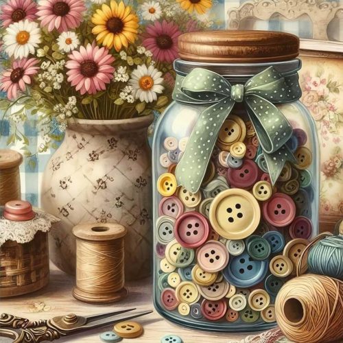 1 5D Diamond Painting Kits for Adults -Vintage Sewing Room with Buttons Jar Full Drill Diamond Art Craft Kits for Adults - Diamond Art Kits for Home Wall Decor 12×16 Inch