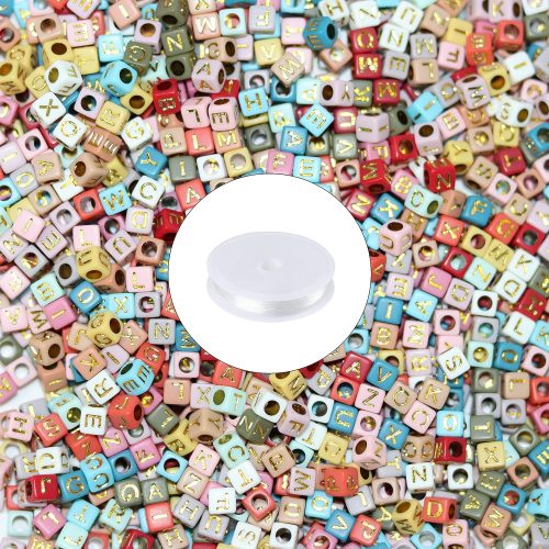 1 Letter Beads, Augshy 1400 Pcs Morandi Cube Alphabet Bead,Square Letter Beads with 1 Roll 10M Crystal String Cord (6mm)