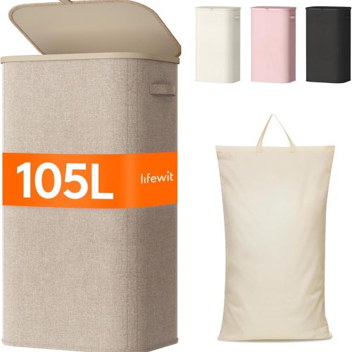 1 Lifewit 105L Laundry Basket with Lid, Large Laundry Hamper with Plastic Handles and Removable Bag, Foldable Tall Dirty Clothes Hampers for Laundry for Laundry Room, Bedroom, Bathroom, Dorm, Beige