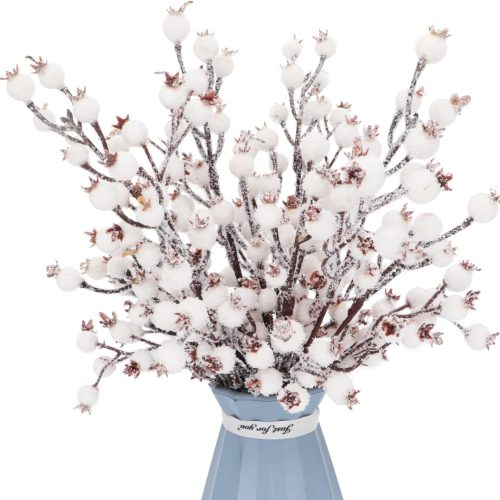 1 4 Pieces Artificial White Berry Stems Christmas Frosted Berries Branches Twigs Snowy Berry Picks Holly Sprays for Christmas Tree Vase Fillers Decorations Winter Holiday Arrangement Decor (4, White)