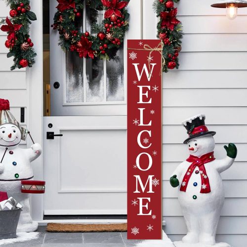 1 Christmas Porch Sign Welcome Sign For Front Porch Snowflake Red Home Decor Indoor Outdoor Wintern Wooden Vertical Sign For Patio Front Door Porch Wall Yard Outdoor