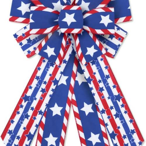 1 Large Patriotic 4th of July Bow for Wreath, 4th of July Wreath Bow for Front Door Independence Day Patriotic Décor Red Blue Star Wreath Bow for Indoor Outdoor Tree Topper Decoration Supplies Ornament