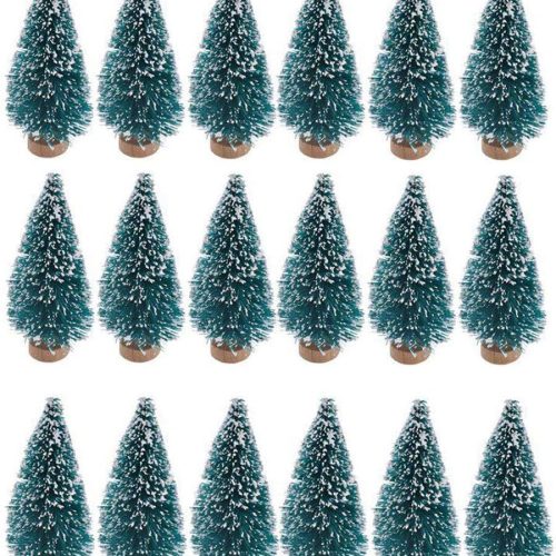 1 24 Mini Bottle Brush Christmas Trees with Wood Base, Artificial Plastic Mini Trees for Crafts, Winter Snow Ornaments for Christmas Table Party (Blue-Green)