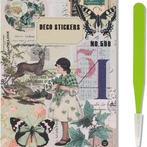 1 200PCS Scrapbook Stickers Set, Vintage Cute Animal Journaling Aesthetic Stickers Supplies Funny Journaling Scrapbooking Stickers Pack for Adults with Tweezer for Journaling (Green)