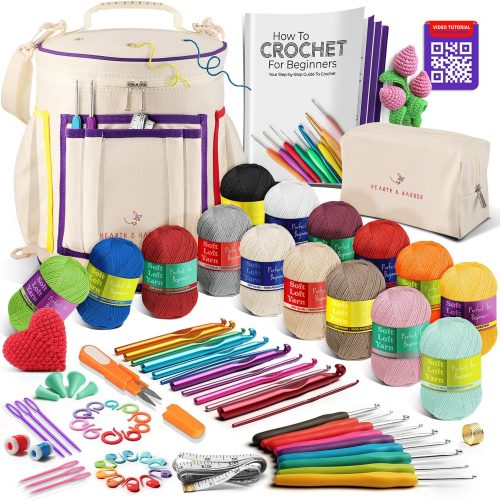 1 Crochet Kit for Beginners with Yarn, Beginner Crochet Kit for Adults and Kids, 21 Hooks, Knitting Kit Bag, Instructions Step-by-Step Video Tutorials, Plus Crochet Accessories Supplies, Crochet Gifts