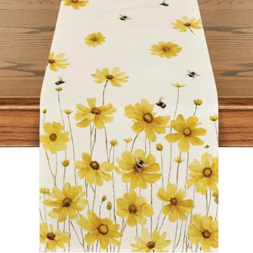 Yellow Flowers Daisy Bees Summer Table Runner, Seasonal Easter Fall Holiday Kitchen Dining Table Decoration for Home Party Indoor 13x72 Inch