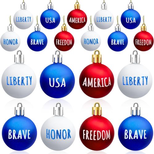 1 JULMELON 24Pcs 4th of July Patriotic Hanging Ball Ornaments Memorial Day Independence Day Labor Day Hanging Decorations for Home Party Christmas Tree Decor, Blue Red and White