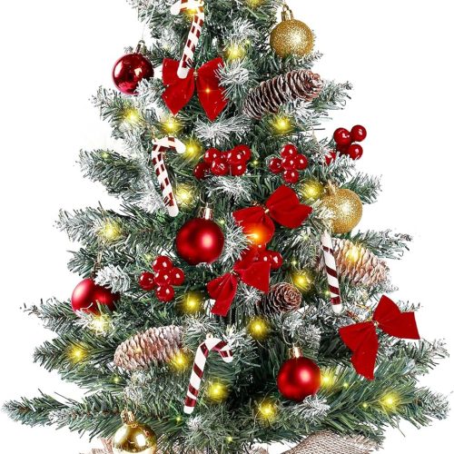 1 Sggvecsy 23.6’’ Mini Snow Frosted Christmas Tree Table Top Lighted Artificial Xmas Tree Star Treetop Pine Cones Red Bows Balls Candy Canes Red Berries Hanging Ornaments DIY Holiday Indoor Decorations