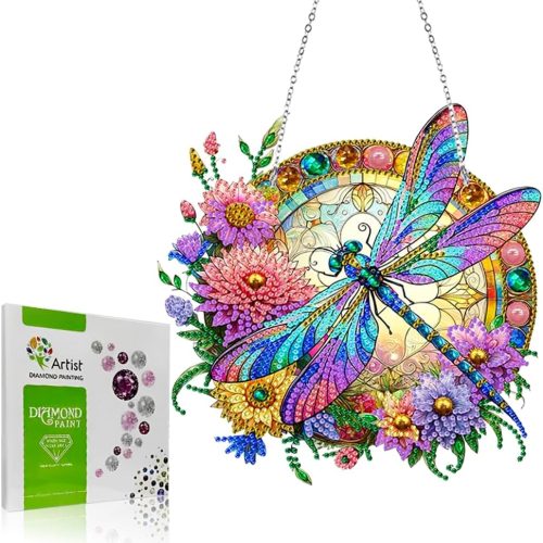 1 Koikify Diamond Painting Kits Hanging Pendant, Flower & Dragonfly Crystal Diamond Art Hanging Sign, Double-Sided Pattern Craft Ornament for Home Decoration and Gift