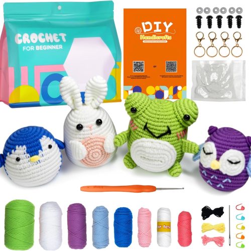 1 Crochet Kit for Beginners, 4 Pattern Animals, Beginners Crochet Kit for Kids Adults Women with Step-by-Step Video, Tutorials, Yarn, Hooks, Accessories, Funny Crochet Emotional Support Gifts