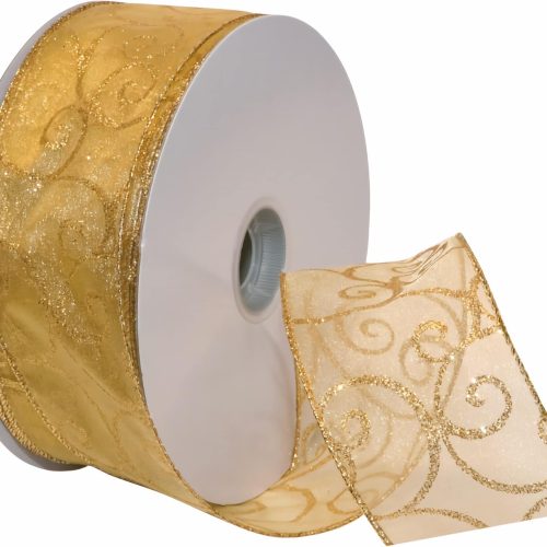 1 Morex Ribbon 7416.60/50-634 Swirl 2.5" X 50 YD Nylon Sheer Curling Wired Glitter Ribbon, Gold, Holiday Ribbons for Crafts and Christmas Decorations, Gift Wrapping