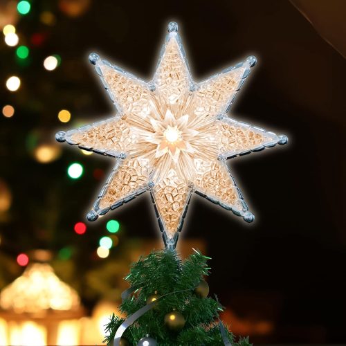 1 LAMPHOME 8" Lighted Double-Sided Star Tree Topper, 8-Point Star Xmas Tree Topper with 10 Clear Warm Lights, 120V UL Certified Tree top for Christmas Tree Ornament Party Home Decor