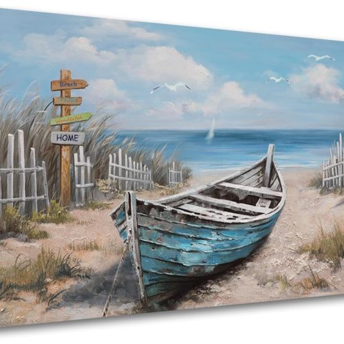 1 Ardemy Boat Canvas Wall Art for Living Room Large Teal Bedroom Pictures Wall Decor Textured Beach Paintings Artwork Dining Room Home Office Kitchen, 40"x20"