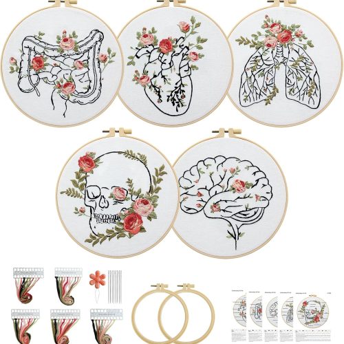 1 5 Sets Skull Embroidery Kits for Beginners Adults, Anatomy Embroidery Starter Kit for Doctors Nurses Christmas Gifts with Floral Stamped Pattern DIY Needlepoint Kit Cross Stitch Set Includes 2 Hoops