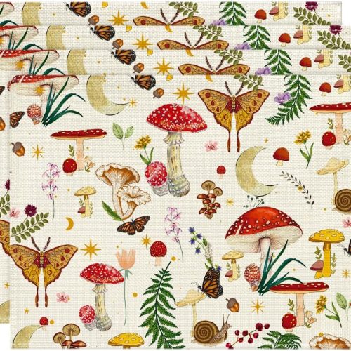 1 Artoid Mode Beige Modern Mushroom Placemats Set of 4, 12x18 Inch Seasonal Table Mats for Party Kitchen Dining Decoration