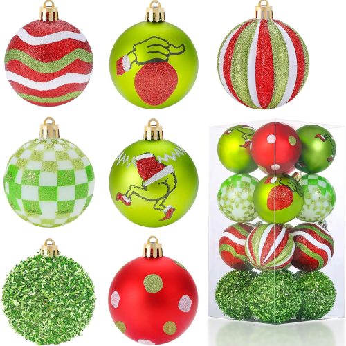 1 16Pcs Christmas Ball Ornaments Lime Green Red and White Christmas Tree Decorations Set 2.36" Shatterproof Plastic Ornaments for Tree, Hanging Xmas Décor for Office Holiday Home Indoor&Outdoor