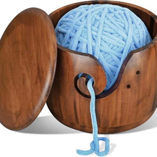 1 Large Wood Yarn Bowl with Lid - 7x5in Crochet Bowl Holder, Knitting Yarn Bowl for Crocheting and Knitting