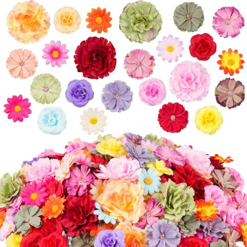 1 210 Pcs Mini Silk Flower Heads Small Fake Rose Daisy Faux Flowers Bulk for Crafts Artificial 3D Loose Fabric Flowers Heads Sunflower Bulk for Wedding Hair Cap Dresses Decorations (Bright Colors Mixed)