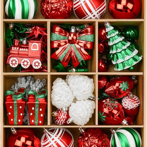 1 Alupssuc 82pcs Christmas Balls Ornaments Set, Delightful Classic Gift Set, Shatterproof Plastic Decor for Xmas Tree Holiday Wedding Party Decorations with Hanging Strings, Red, Green and White