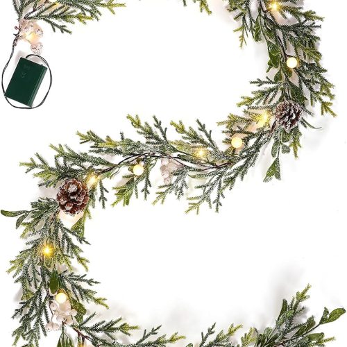 1 6FT Snow Cedar Pine Garland,Prelit Christmas Garland with Timer,Realistic Garlands Battery Operated for Winter Holiday Outdoor Staircase Decorations 20LED