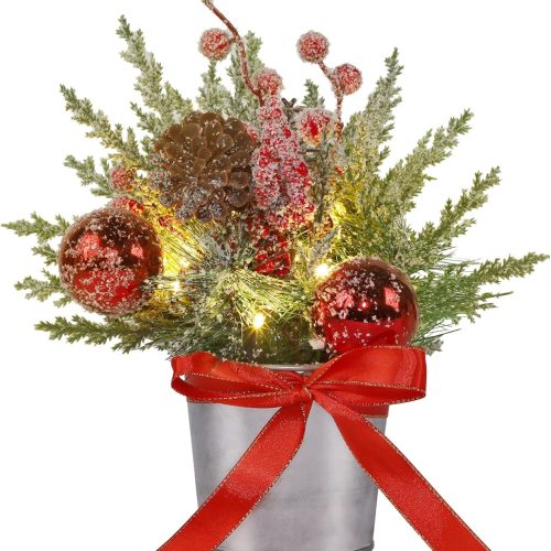 1 Prsildan Christmas Table Tree Decorations Mini Trees with Lights Christmas Ball for Centerpieces Decor, Artificial Tree with Pine Cone Red Berries for Office Kitchen Tabletop Desk Indoor Holiday