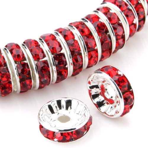 Allb 100Pcs Rondelle Spacer Beads 8mm Silver Plated Czech Crystal Rhinestone for Jewelry Making Loose Beads for Bracelets, red