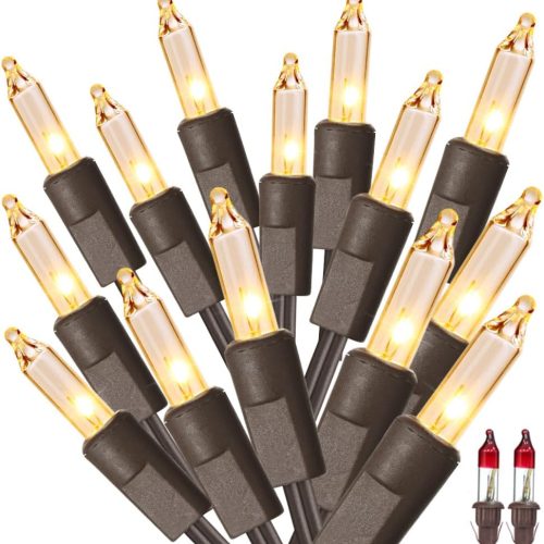 1 ODEETRONIC Steady & Blink Clear Lights, 21.63ft 100 Count Incandescent Christmas Lights, UL Certified Connectable Tree Light Warm White, 2 Mode Mini Light for Indoor Outdoor Xmas Party, Brown Wire