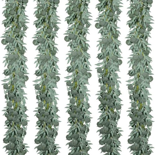 Kisflower 5 Pack 6.56FT Green Eucalyptus Garland for Decoration Table with Willow Leaves Greenery Garland Fake Hanging Plants Vines for Wedding Arch Decor Party Room Home Garden Office Wall Decor