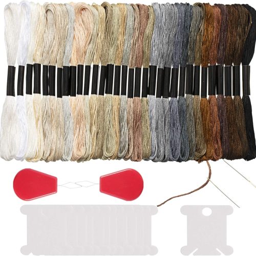 32 Skeins Black to White Gradient Grey Brown Embroidery Floss, Cross Stitch Threads Friendship Bracelets Floss with 12 Floss Bobbins, 2 Embroidery Needles and Needle Threader